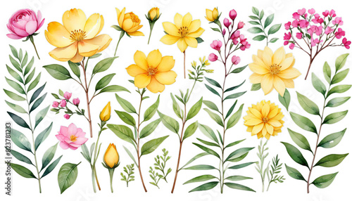 Obraz na płótnie watercolor arrangements illustration garden flowers set yellow pink botanic collection leaves branches botanical bouquet tree branch bunch element floral flower green herbal isolated leaf nature herb w salonie