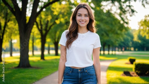 Young woman wearing white t-shirt and blue jeans standing in the park © QuoDesign