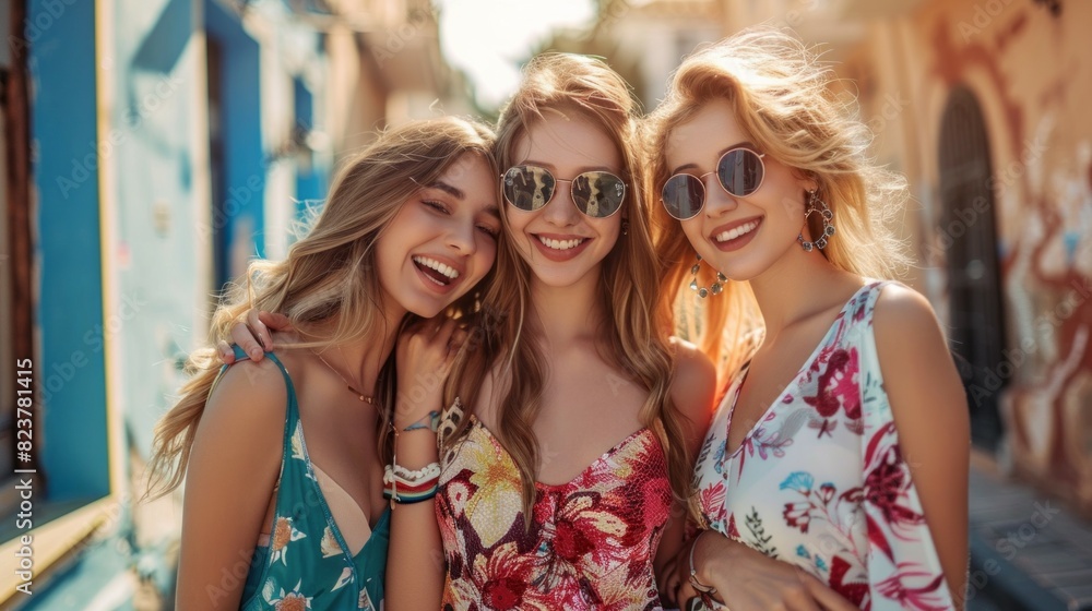 Three women are smiling and posing for a photo on a street
