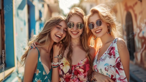Three women are smiling and posing for a photo on a street