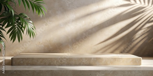 Blank beige brown cement counter with soft sunlight and leaf shadows for luxury organic cosmetic products 