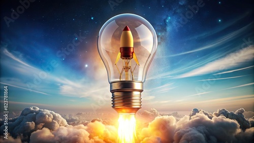 Bright light bulb transformed into a rocket ship blasting off, symbolizing the acceleration of a new idea