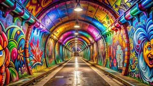 Bright and colorful graffiti art covering the interior of a tunnel  photo