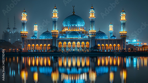 A majestic mosque illuminated at night during Eid-al-Adha, surrounded by worshippers and festive lights