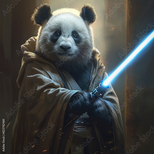 A panda wearing Jedi robes and wielding a lightsaber photo