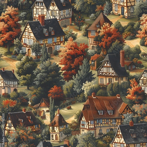 Tudor Architecture Pattern in Toile de Jouy Style A Harmonious Blend of HalfTimbered Houses Gardens and Village Squares photo