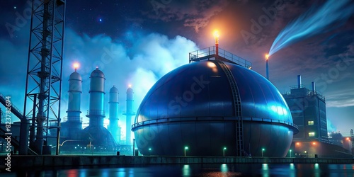 Close up of hydrogen fuel storage tank with power plant in background symbolizing clean energy transition