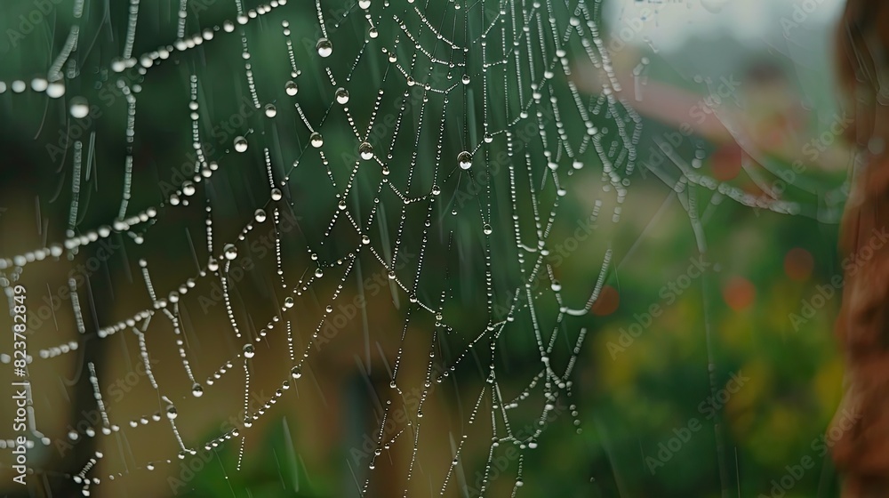 Rain drops on a spider web. Morning dew droplets on a spider web
Rain drops on a spider web. Morning dew droplets on a spider web