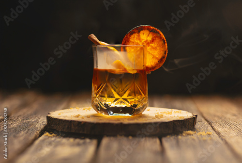 Smoked Old Fashion Cocktail with Cinnamon and Orange photo