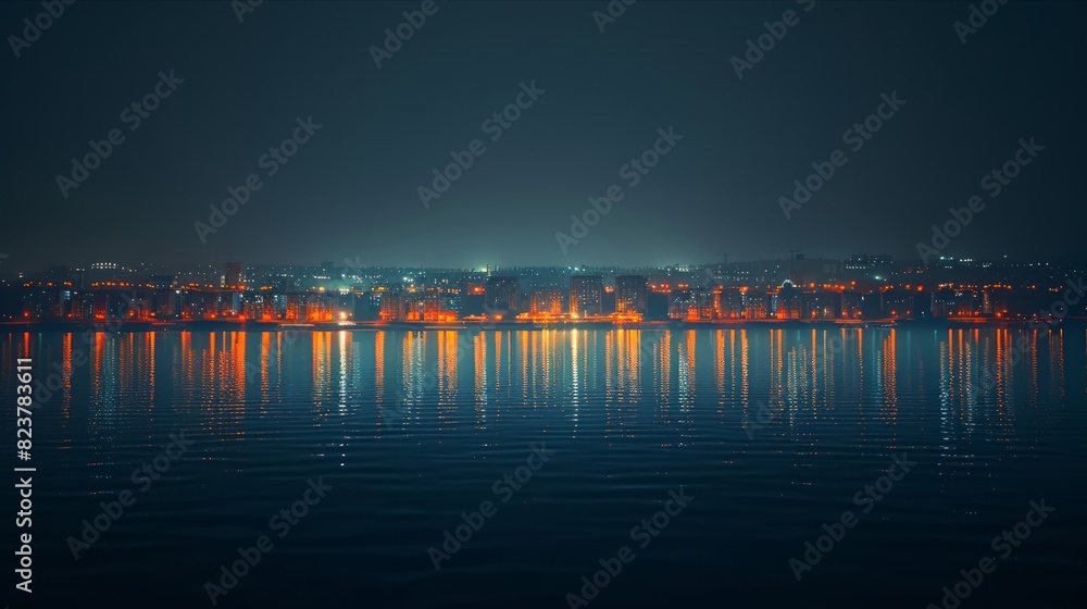 Fototapeta premium Cityscape at night with reflections in water under a dark sky