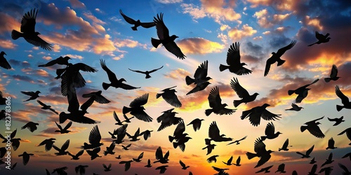 Collection of black bird silhouettes in various flying positions on a background photo