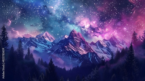 Enchanting Cosmic Landscape with Majestic Mountains and Glowing Milky Way in Starry Night Sky © Chanakan
