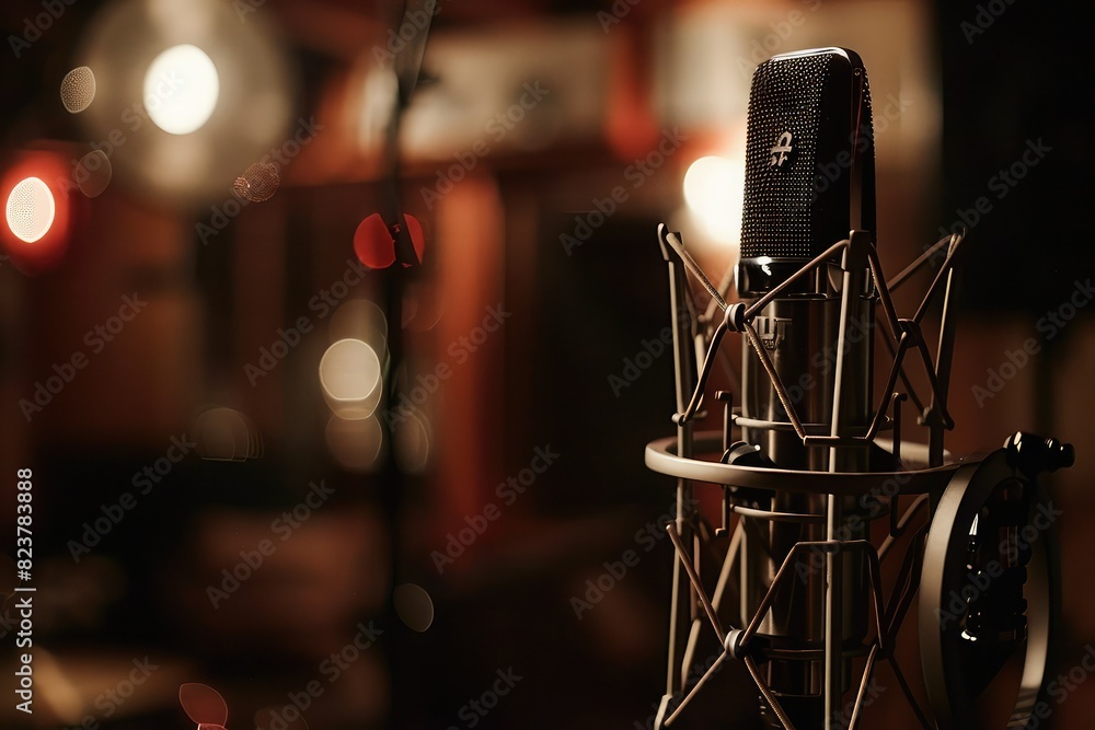 Professional microphone in retro style on blurred background of recording studio. Equipment for podcasts, streaming, voice over, music recording. Professional microphone in retro style on blurred background of recording studio. Equipment for podcasts, streaming, voice over, music recording.