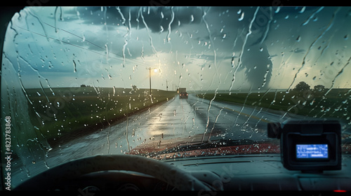 A view from inside a storm chasing vehicle as rain splatters the windshield. On the horizon a tornado moves through the midwestern countryside, road, highway, severe weather, spotter, chaser, dash cam photo