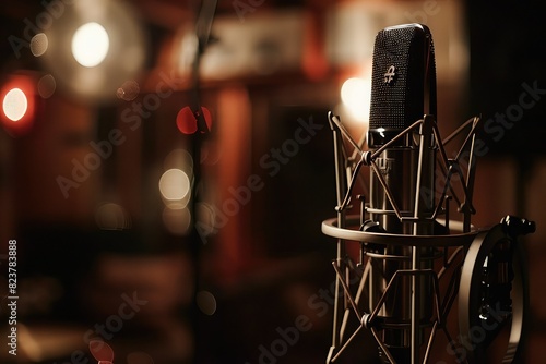 Professional microphone in retro style on blurred background of recording studio. Equipment for podcasts, streaming, voice over, music recording. photo