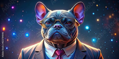 Cool looking French bulldog in fashionable attire posing as a supermodel with a trendy jacket, tie, and glasses  photo