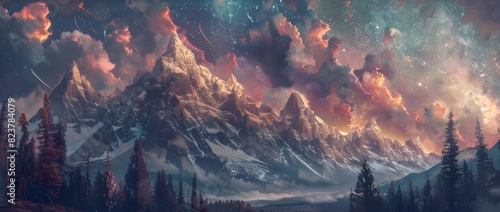 Majestic Snow Capped Mountains Surrounded by Vibrant Clouds and Starry Skies photo