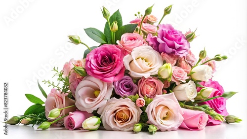 Corner floral arrangement with pink roses and eustoma flowers on white background