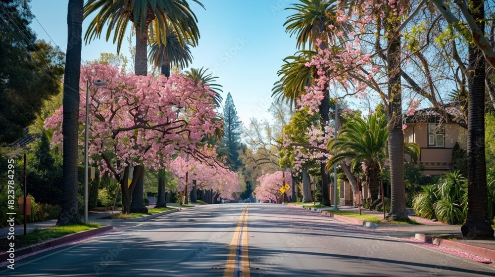 Street with blossom trees and palms, clear blue sky, midday.