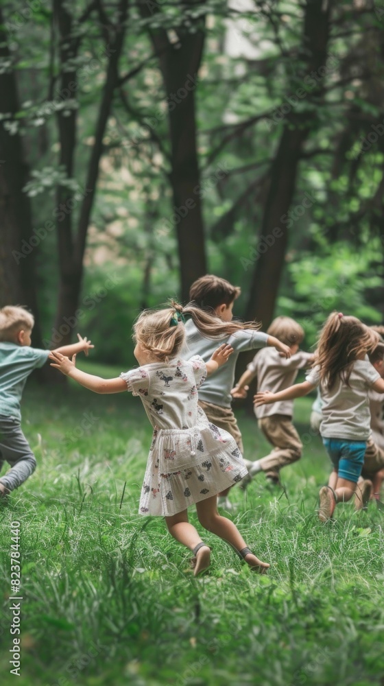 Fototapeta premium A group of children are playing in a field
