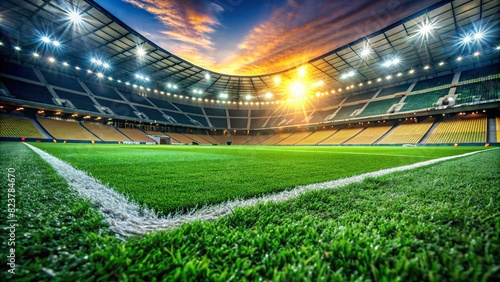 Detailed shot of the green turf in a brightly lit football stadium  showcasing the perfect playing surface and dynamic atmosphere of the sports venue 