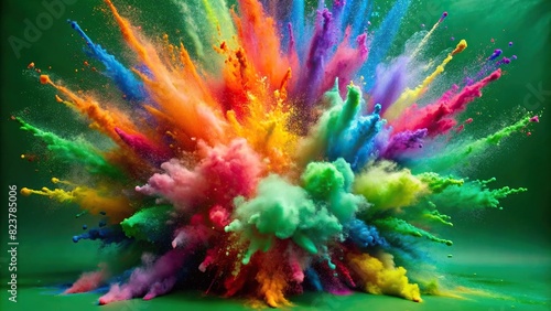 Dynamic explosion of colored powder against green screen background