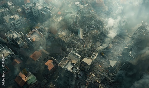 The consequences of the earthquake, destroyed buildings, streets littered with debris, devastation all around. View from above.