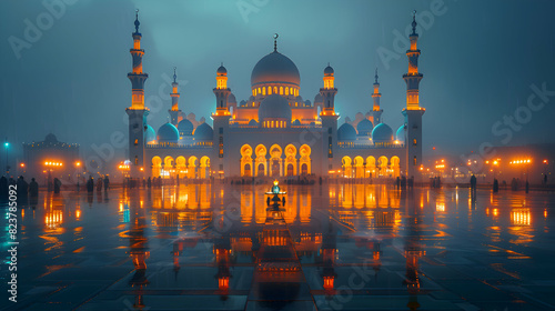 A majestic mosque illuminated at night during Eid-al-Adha, surrounded by worshippers and festive lights