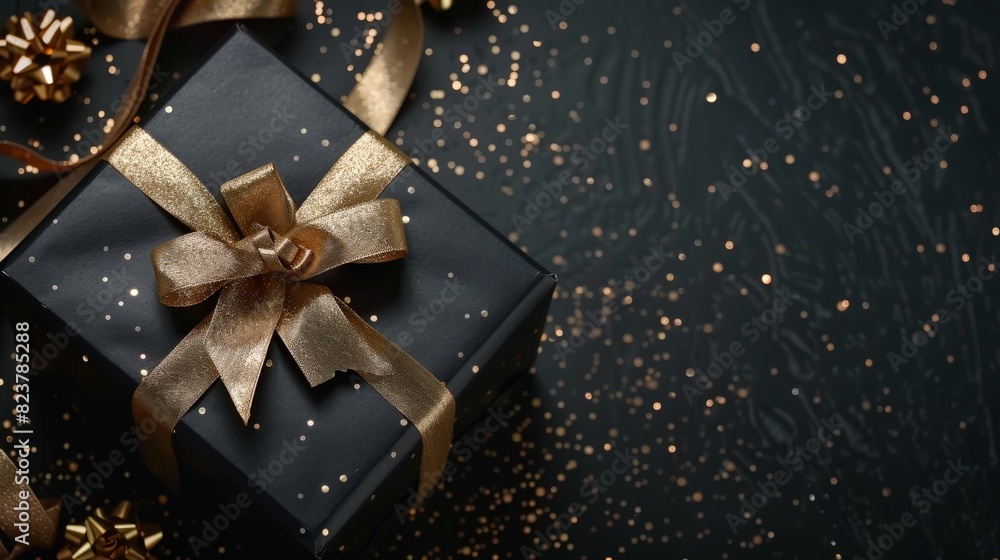 Gift box and golden ribbon on black background with glitter Gift box and golden ribbon on black background with glitter