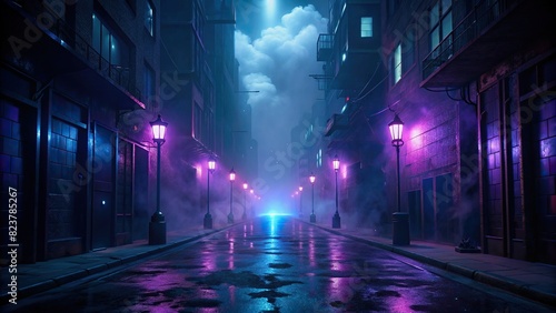 Empty dark street with neon lights and smoke, creating a mysterious atmosphere