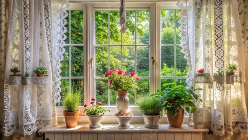 Elegant summer window with lace curtains and potted plants  photo