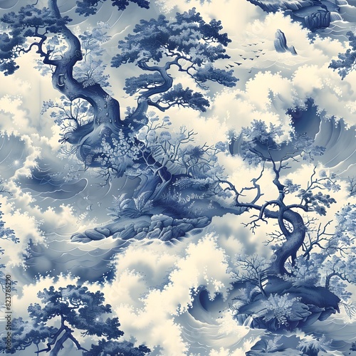 Seamless Toile de Jouy Pattern with Oceanic Elements and Marine Flora