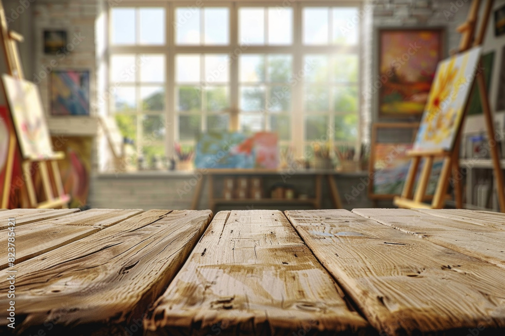 A wooden table in the foreground with a blurred background of an art studio. The background includes easels with canvases, paintbrushes, palettes, colorful paintings on the walls, and shelves A wooden table in the foreground with a blurred background of an art studio. The background includes easels with canvases, paintbrushes, palettes, colorful paintings on the walls, and shelves