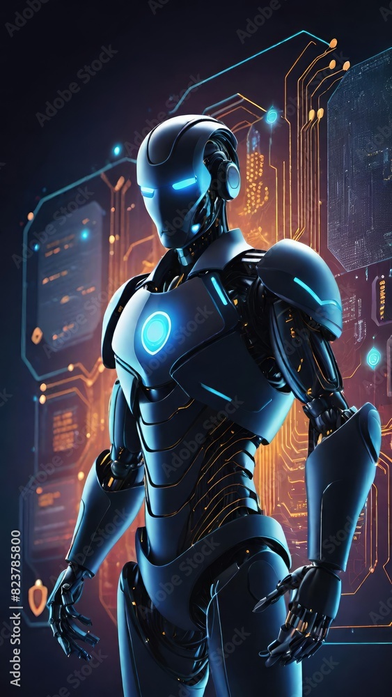 Naklejka premium Artificial intelligence bitcoin robot, crypto currency, cyber security, financial futuristic digital technology concept image.