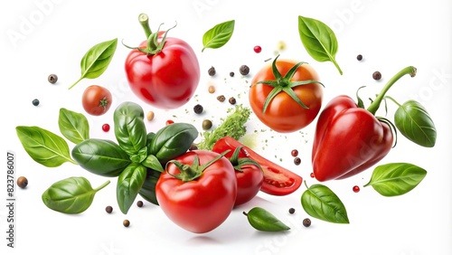 Flying ingredients of tomatoes, basil, and pepper on a clean white background
