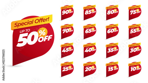 Special offer discount with different value percent off. 90, 85, 80, 75, 70, 65, 60, 55, 50, 45, 40, 35, 30, 25, 20, 15, 10 percentage price reduction label. Sale offer emblem set, price discount.