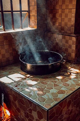Pot with hot oil in a gambian kitchen photo