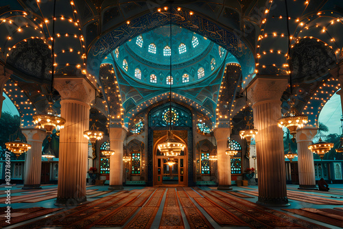 A mosque adorned with star and crescent decorations  illuminated by soft  warm lights