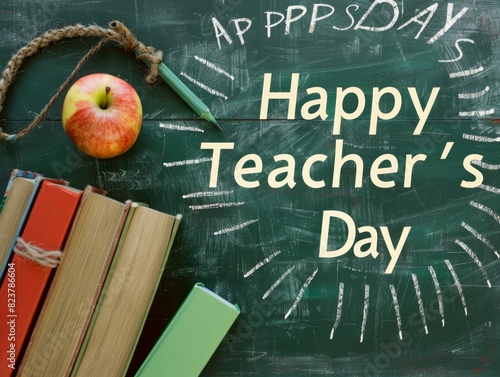 Teacher's day background with a school blackboard and an apple