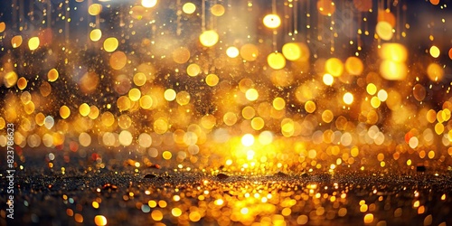 Golden bokeh lights falling like rain against a blurry cityscape background, featuring yellow and orange tones, with golden confettis adding a touch of glamour