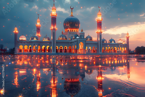 A mosque adorned with star and crescent decorations, illuminated by soft, warm lights