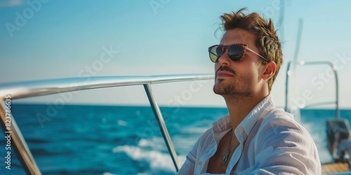 Portrait of a man in an unbuttoned white shirt and sunglasses on board a sailing yacht. photo