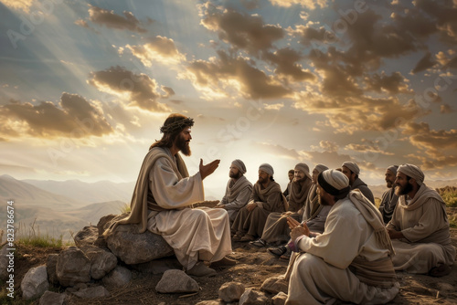A Powerful and Iconic Scene Depicting Jesus Christ Preaching on the Mountain and Teaching His Disciples,Capturing the Essence of Faith,Spirituality,and the Enduring Influence of Biblical Narratives