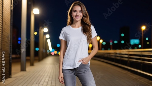 Young woman wearing white t-shirt and grey jeans standing on the street at night © QuoDesign