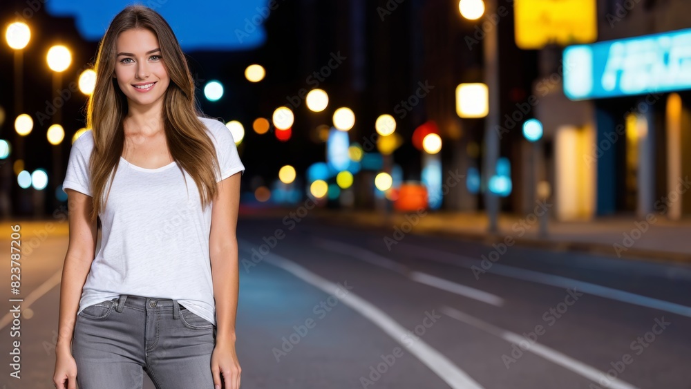 Young woman wearing white t-shirt and grey jeans standing on the street at night Young woman wearing white t-shirt and grey jeans standing on the street at night