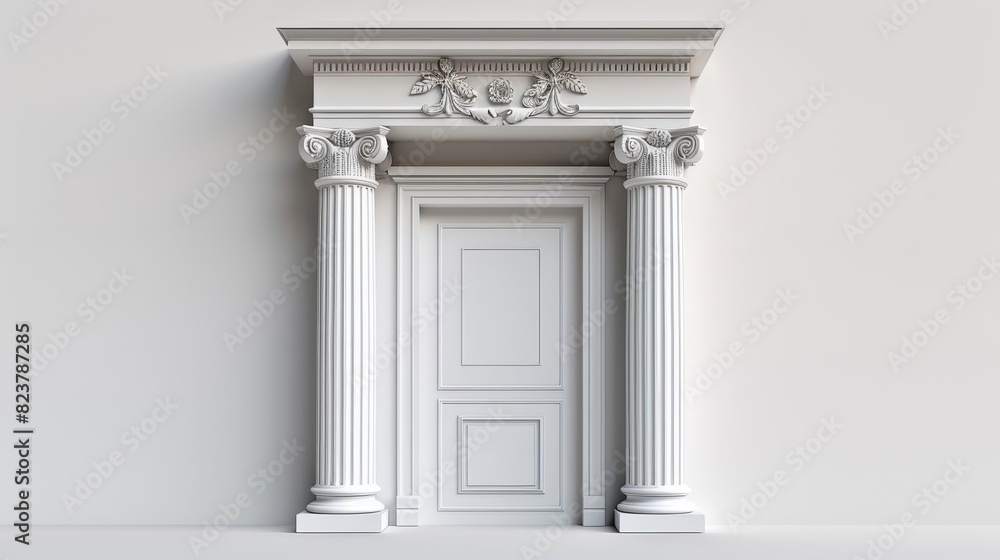 Fototapeta premium A white door with a white frame and pillars