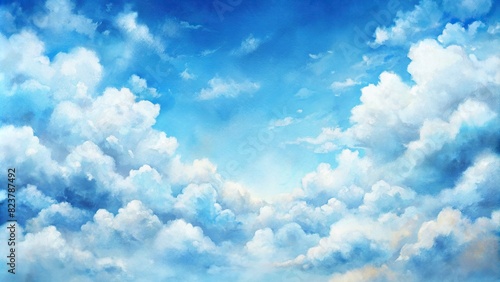 Hand-painted watercolor background of a clear blue sky with white fluffy clouds 