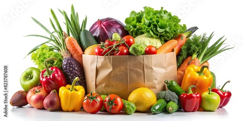 Healthy food in paper bag with assortment of colorful vegetables and fruits on white background