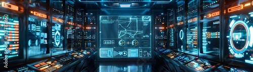 Futuristic control room filled with advanced technology, holographic displays, and complex digital interfaces. High-tech command center.