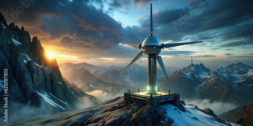 High altitude wind turbine generator being constructed in mountains photo